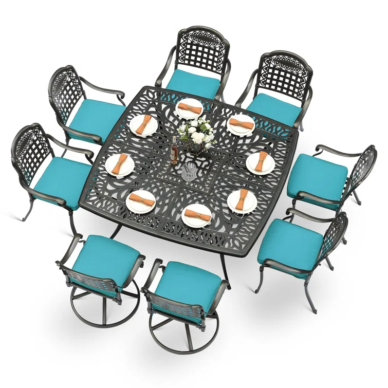 9-Piece Outdoor Patio Dining Set For 8, All Weather Cast Aluminum Patio Funiture Table And Chairs Set- Large 64" Square Table And 2 Swivel Rocker Chairs, 6 Stationary Chairs For Garden