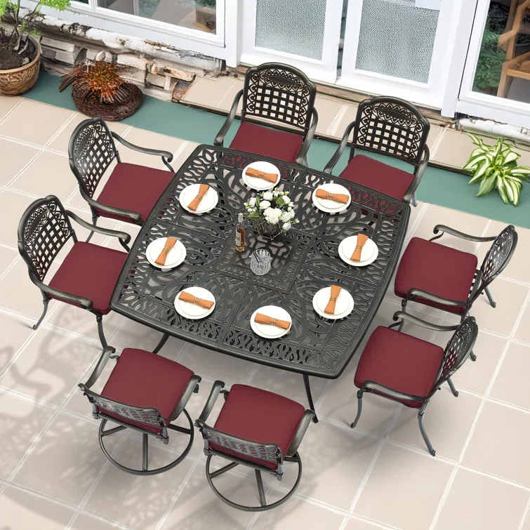 9-Piece Outdoor Patio Dining Set For 8, All Weather Cast Aluminum Patio Funiture Table And Chairs Set- Large 64" Square Table And 2 Swivel Rocker Chairs, 6 Stationary Chairs For Garden