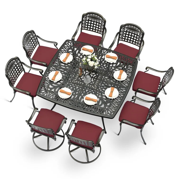 9-Piece Outdoor Patio Dining Set For 8, All Weather Cast Aluminum Patio Funiture Table And Chairs Set- Large 64" Square Table And 2 Swivel Rocker Chairs, 6 Stationary Chairs For Garden