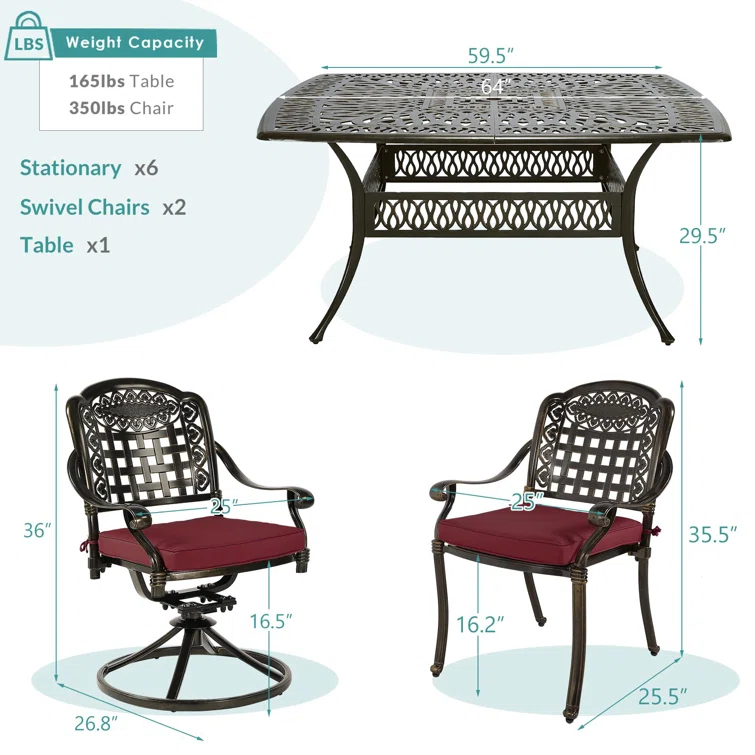9-Piece Outdoor Patio Dining Set For 8, All Weather Cast Aluminum Patio Funiture Table And Chairs Set- Large 64" Square Table And 2 Swivel Rocker Chairs, 6 Stationary Chairs For Garden