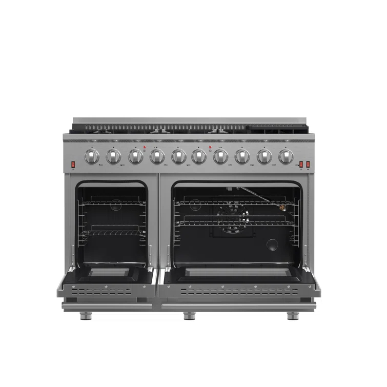 Galiano 48-inch Gas Range Stainless Steel, 8 Burners, 107,000 BTU, Griddle, Double Ovens