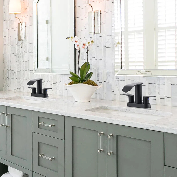 4-inch Centerset Double Handle Waterfall Bathroom Sink Faucet with Pop-up Drain Kit