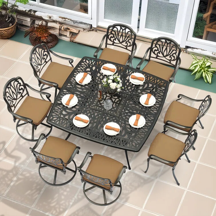 9-Piece Outdoor Patio Dining Set For 8, All Weather Cast Aluminum Patio Funiture Table And Chairs Set- Large 64" Square Table And 4 Swivel Rocker Chairs, 4 Stationary Chairs, 2.2" Umbrella Hole