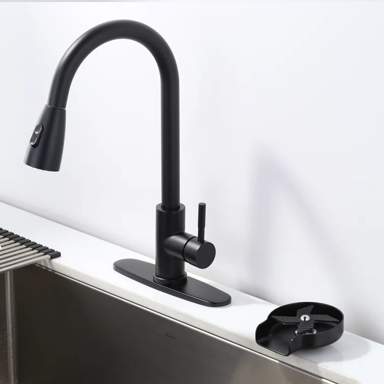 ARCORA Single Handle Stainless Steel Pull-Down Kitchen Faucet with Deckplate and Glass Rinser Combo