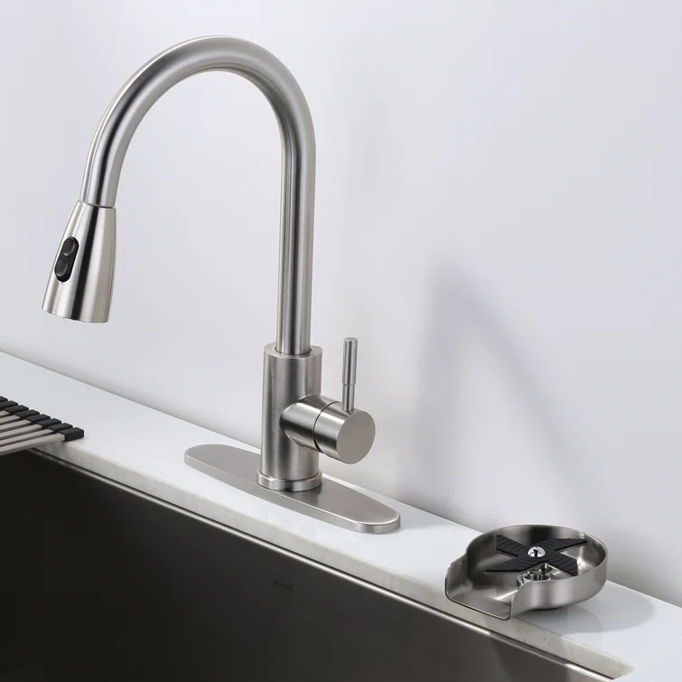 ARCORA Single Handle Stainless Steel Pull-Down Kitchen Faucet with Deckplate and Glass Rinser Combo