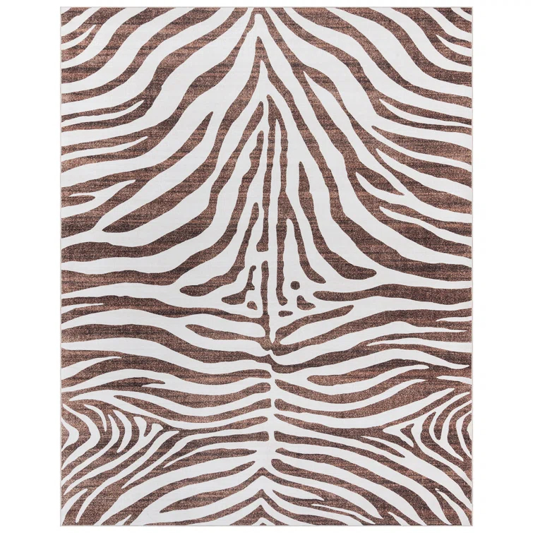 Gertmenian Crystal Print Zebra Modern Animal Print Brown Cream Washable Flat Pile Indoor Area Rug