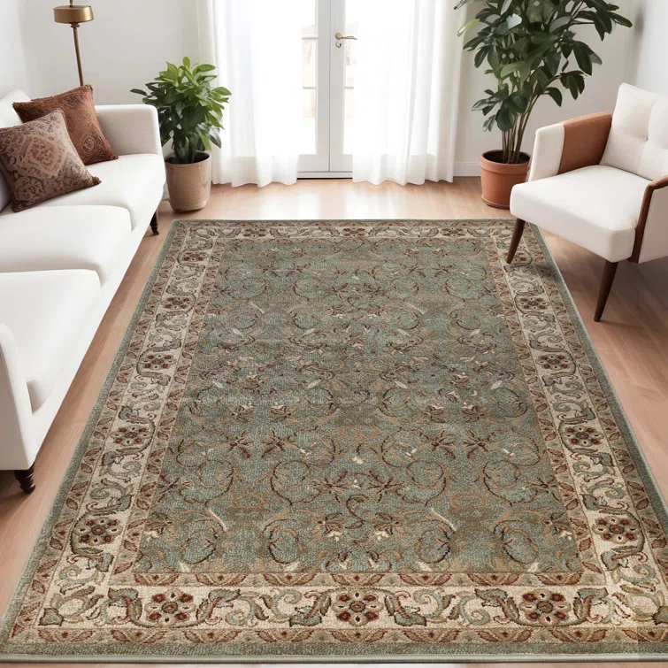 Traditional Oriental Floral Scroll Classic Vines Indoor Area Rug in Green