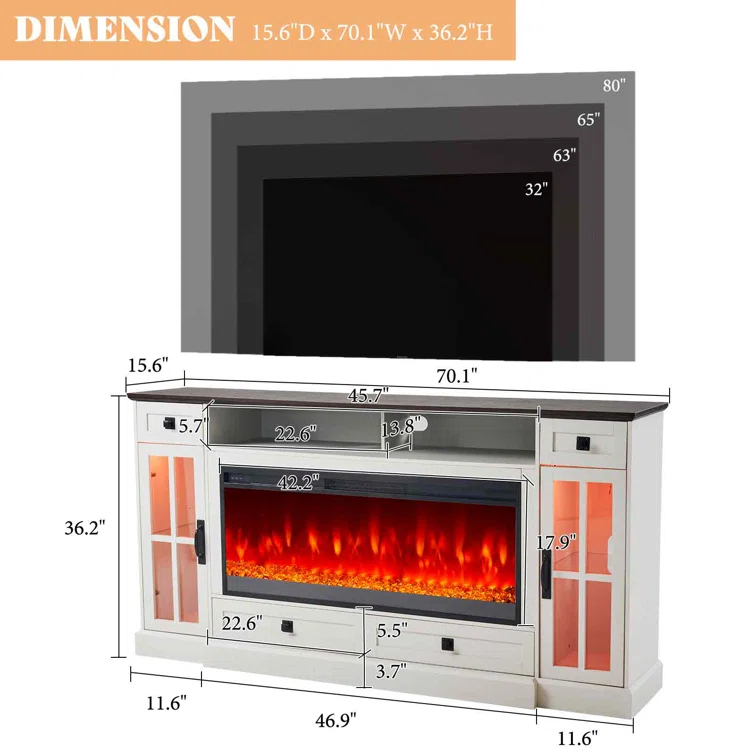 Keating 70" Farmhouse TV Stand 42" Electric Fireplace, LED Lights, Storage Drawers & Cabinets