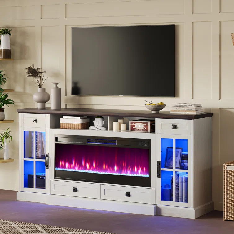 Keating 70" Farmhouse TV Stand 42" Electric Fireplace, LED Lights, Storage Drawers & Cabinets