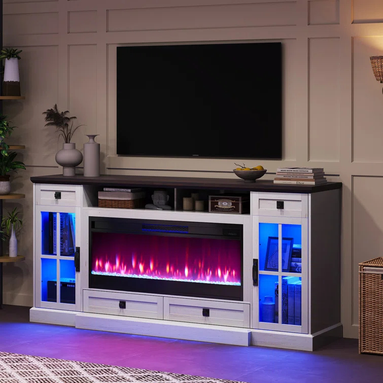 Keating 70" Farmhouse TV Stand 42" Electric Fireplace, LED Lights, Storage Drawers & Cabinets