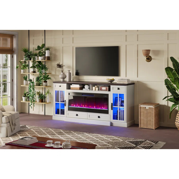 Keating 70" Farmhouse TV Stand 42" Electric Fireplace, LED Lights, Storage Drawers & Cabinets