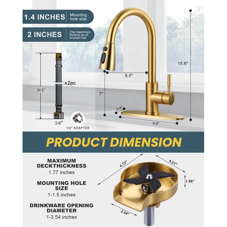 ARCORA Single Handle Stainless Steel Pull-Down Kitchen Faucet with Deckplate and Glass Rinser Combo