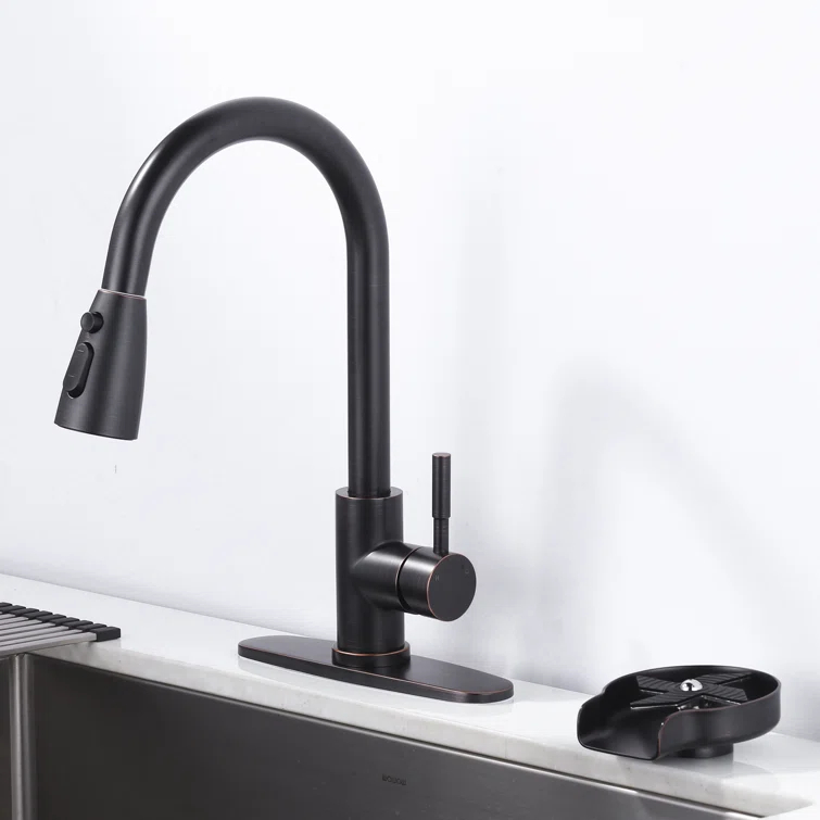 ARCORA Single Handle Stainless Steel Pull-Down Kitchen Faucet with Deckplate and Glass Rinser Combo