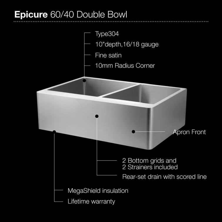 Epicure 33'' L Farmhouse / Apron Double Bowl Stainless Steel Kitchen Sink