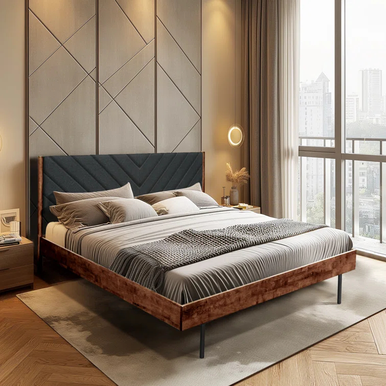 Felisha Solid Wood King Upholstered Bed Frame with Fabric Headboard, Contemporary Modern Upholstered Platform Bed