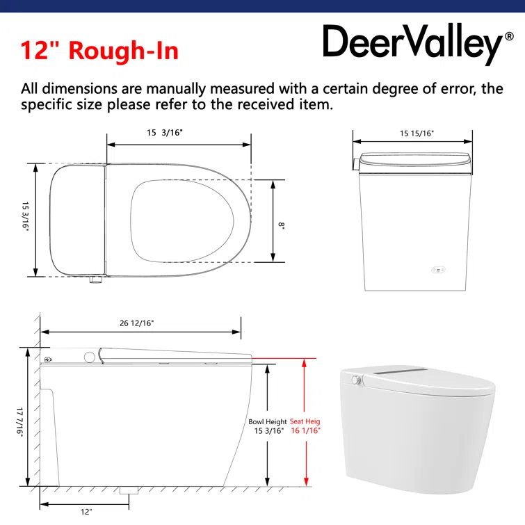 Deervalley Smart Bidet Toilet With LED Display，Auto Open & Close, Heated Seat, Warm Water, Remote Control, Premium