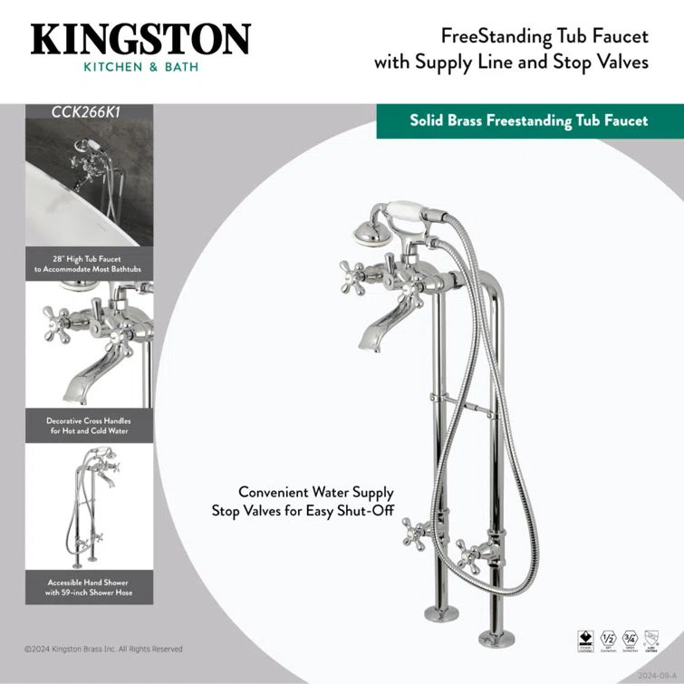 Kingston Brass Kingston Three-Handle 2-Hole Freestanding Tub Faucet with Supply Line and Stop Valve