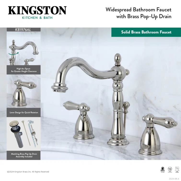 Kingston Brass Heritage Two-Handle 3-Hole Deck Mount Widespread Bathroom Faucet with Pop-Up Drain
