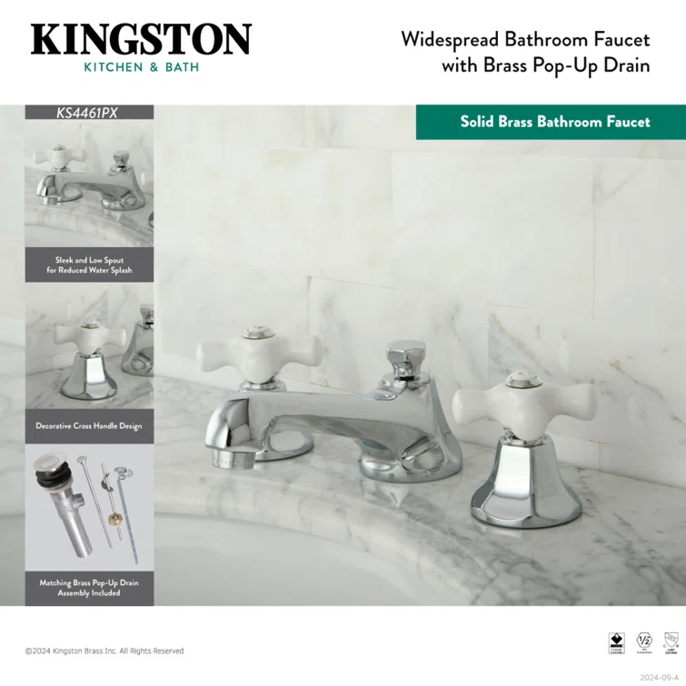 Kingston Brass Metropolitan Two-Handle 3-Hole Deck Mount Widespread Bathroom Faucet with Brass Pop-Up Drain
