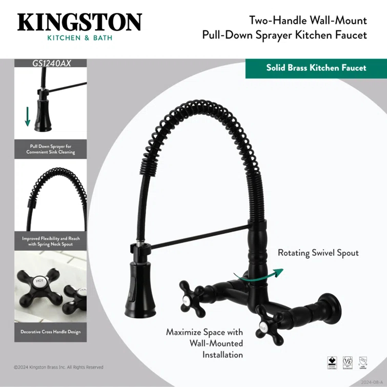 Kingston Brass Heritage Double-Handle 2-Hole Wall-Mount Pre-Rinse Bridge Kitchen Faucet