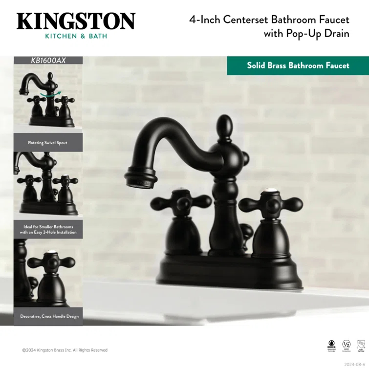 Kingston Brass Heritage Two-Handle 3-Hole Deck Mount 4" Centerset Bathroom Faucet with Plastic Pop-Up