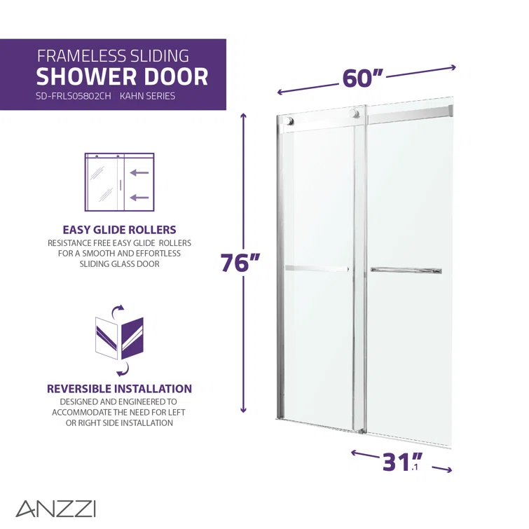 Kahn 60" W x 76" H Double Sliding Frameless Shower Door