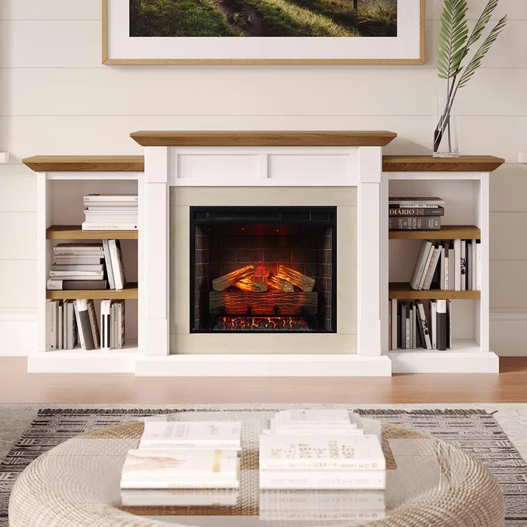 Country Living Belhaven 74 Inch Bookcase Mantel Package | 23 Inch Smart Electric Fireplace Insert Heater