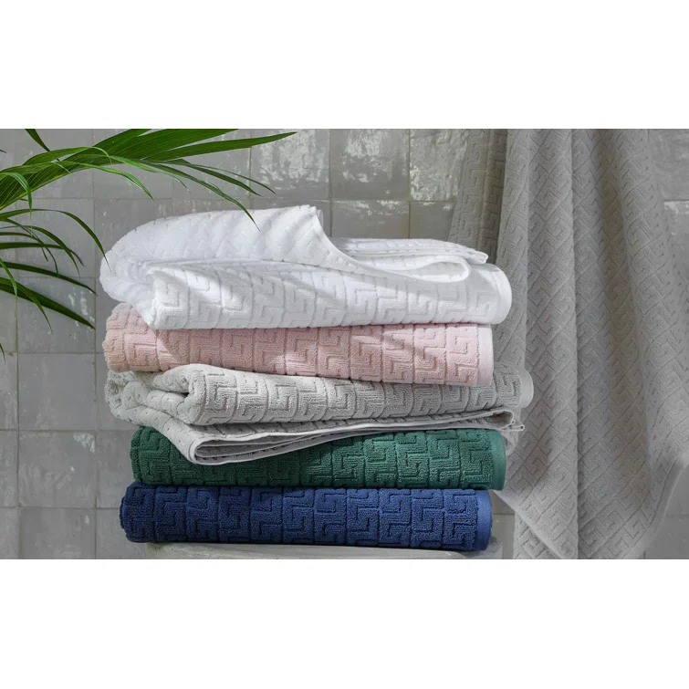 Navy Cotton Geometric Bath Towel with Greek Key Motif