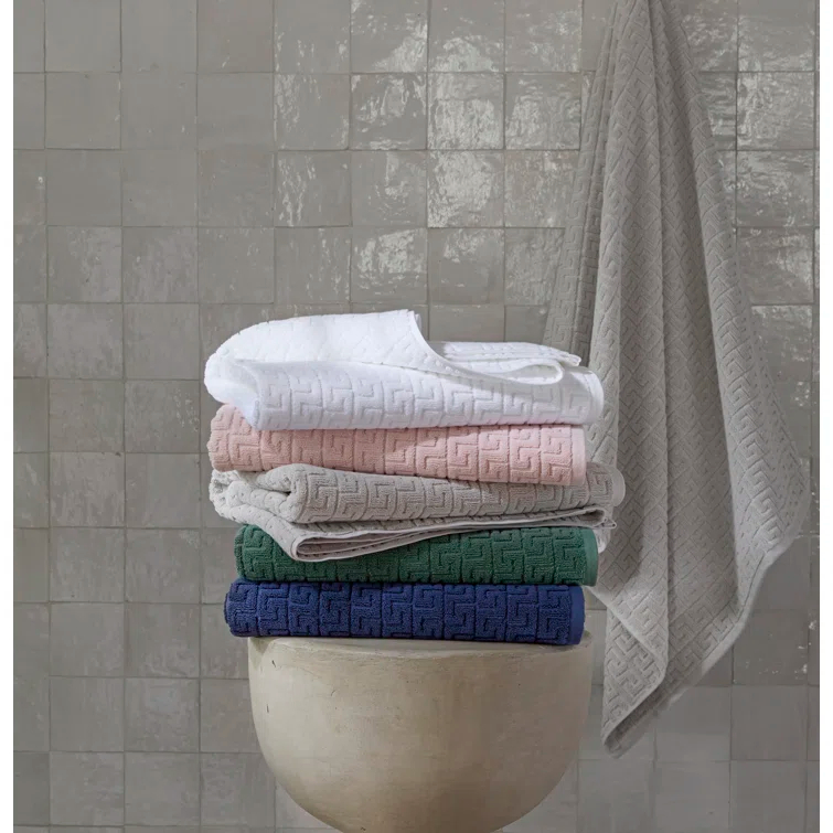 Navy Cotton Geometric Bath Towel with Greek Key Motif