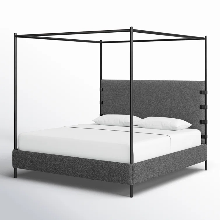 King Charcoal Upholstered Canopy Bed with Metal Frame