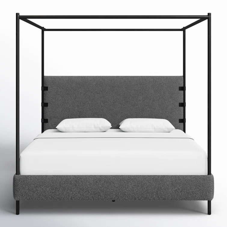 King Charcoal Upholstered Canopy Bed with Metal Frame