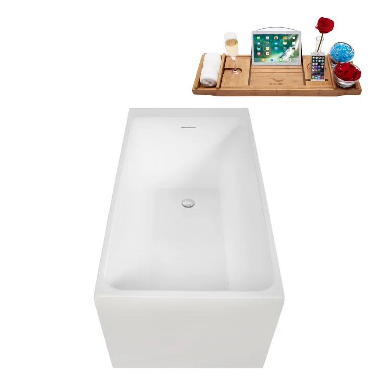 51" Streamline Soaking Glossy White Acrylic Freestanding Bathtub, Bamboo Tray, Drain