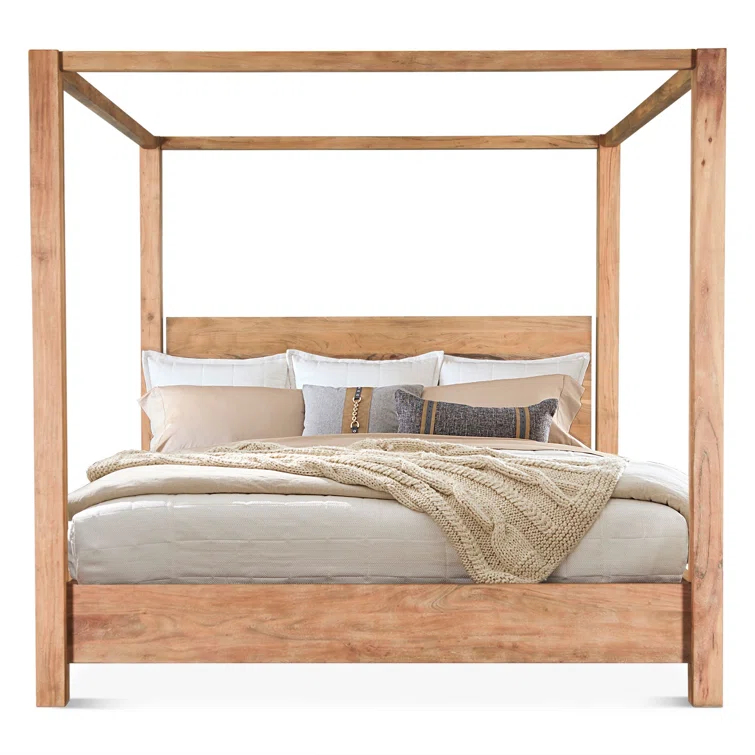 King Brushed Acacia Wood Canopy Bed Frame
