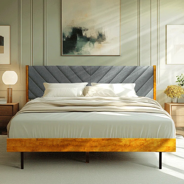 Felisha Solid Wood King Upholstered Bed Frame with Fabric Headboard, Contemporary Modern Upholstered Platform Bed