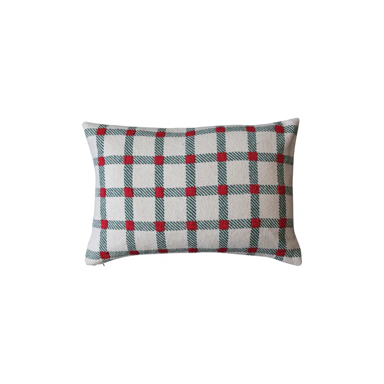 Festive Green and Red Plaid Cotton Lumbar Pillow