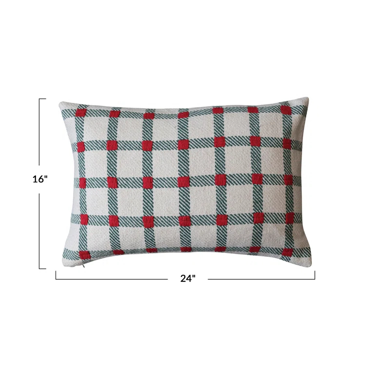 Festive Green and Red Plaid Cotton Lumbar Pillow