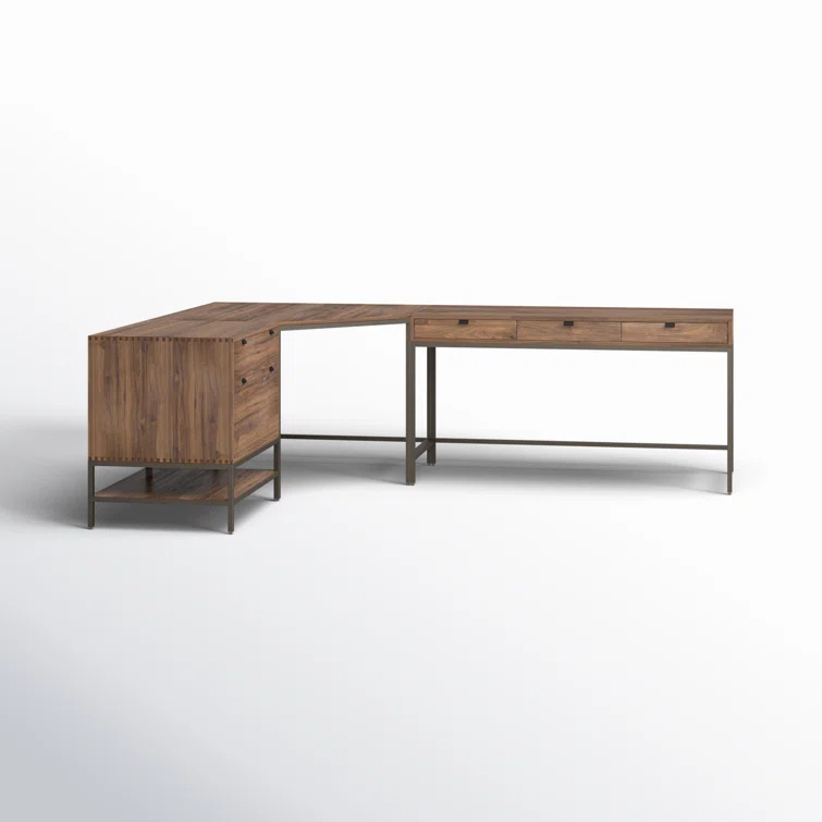 Auburn Poplar and Black Metal L-Shaped Executive Desk