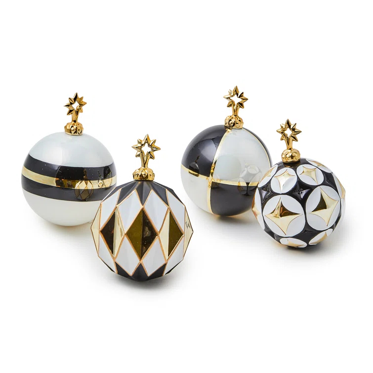Black And White Star Glass Ball Ornaments Set Of 4