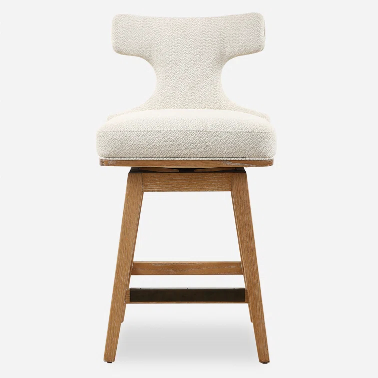 Mid-Century Modern White Fabric Swivel Counter Stool with Oak Legs