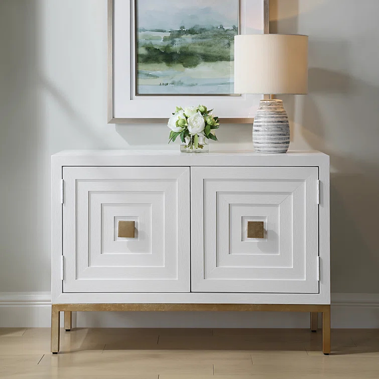 White and Brass Fir Wood Contemporary Accent Cabinet