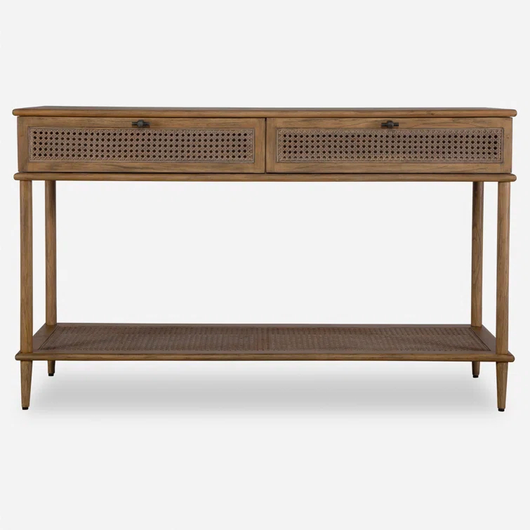 Brown Oak and Rattan Mid Century Modern Console Table with Storage