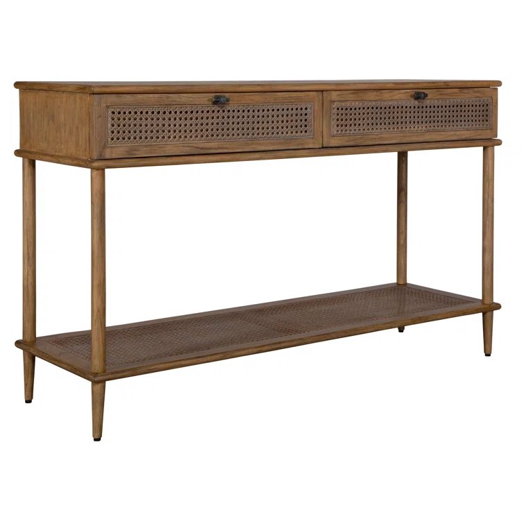 Brown Oak and Rattan Mid Century Modern Console Table with Storage