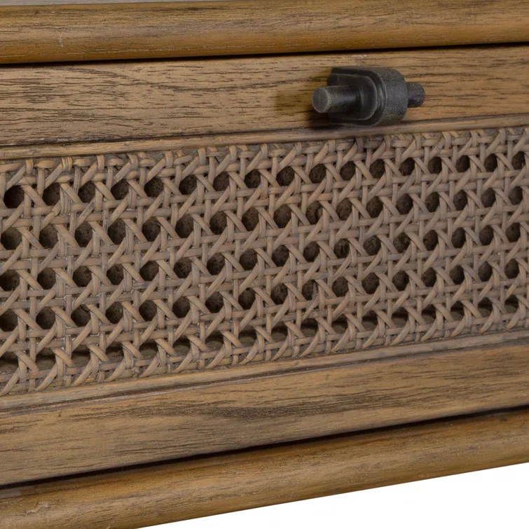 Brown Oak and Rattan Mid Century Modern Console Table with Storage