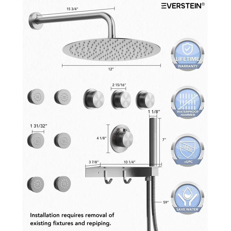 Thermostatic Shower System 12" Rain Shower Head withHandheld Spray,Shower Faucet Set with Valve Trim Kit