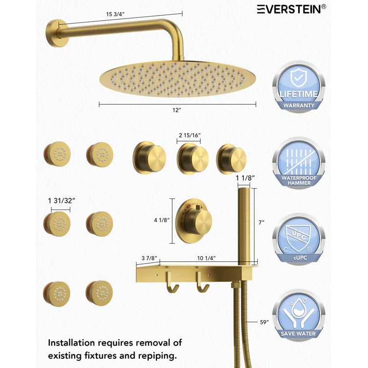 Thermostatic Shower System 12" Rain Shower Head withHandheld Spray,Shower Faucet Set with Valve Trim Kit