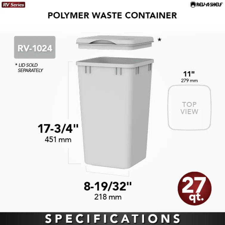 Rev-A-Shelf 27 Quart Polymer Replacement Waste/Trash Container for Rev-A-Shelf Pull Outs