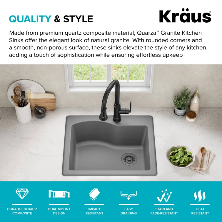 KRAUS Quarza™ 25" L Dual Mount Single Bowl Granite Kitchen Sink