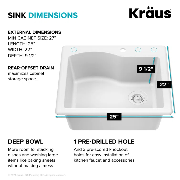 KRAUS Quarza™ 25" L Dual Mount Single Bowl Granite Kitchen Sink