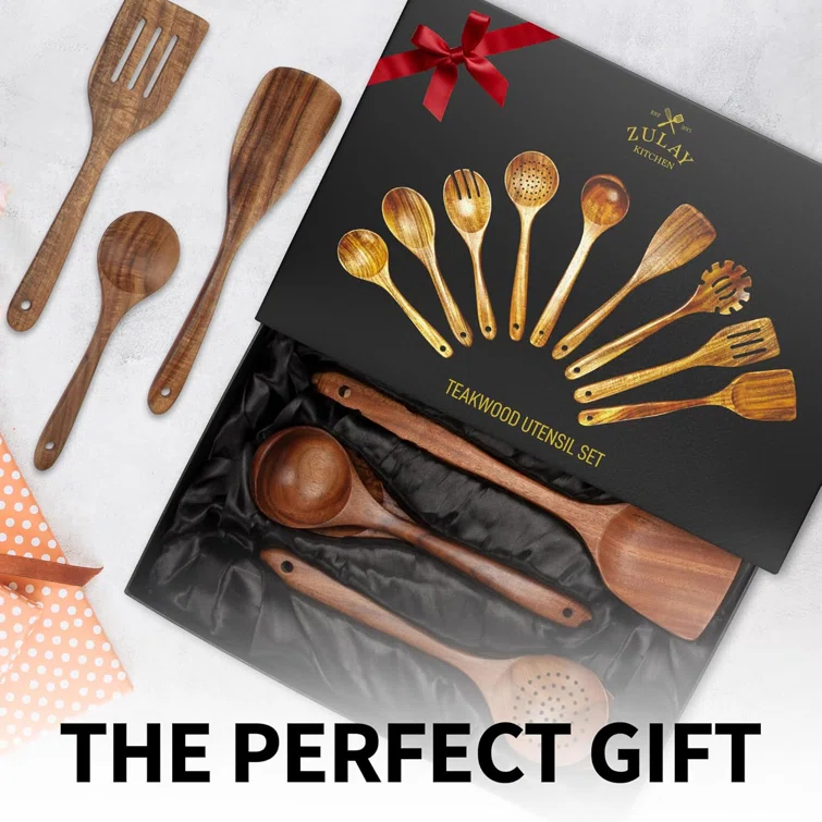 Zulay 9-Piece Teak Wooden Utensils For Cooking, Smooth Finish Kitchen Utensils Set with Gift Box