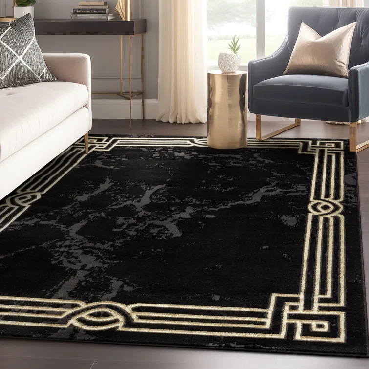 FairmontMarble Abstract Black Gold Glam Area Rug for Living Room, Bedroom, Dining Room and Hallway
